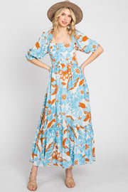 Light Blue Floral Square Neck Ruffle Hem Maxi Dress