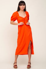 Orange Linen Front Tie Short Puff Sleeve Wrap Front Maternity Midi Dress