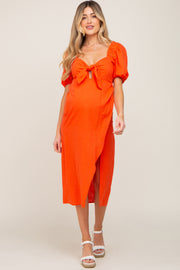 Orange Linen Front Tie Short Puff Sleeve Wrap Front Maternity Midi Dress