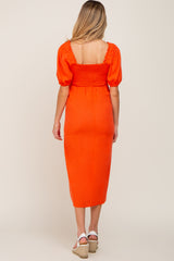 Orange Linen Front Tie Short Puff Sleeve Wrap Front Maternity Midi Dress