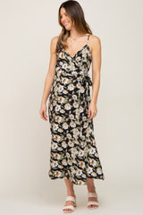 Black Floral Sleeveless Maternity Wrap Maxi Dress