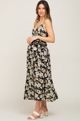 Black Floral Sleeveless Maternity Wrap Maxi Dress