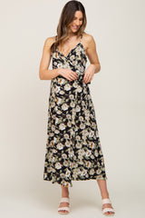 Black Floral Sleeveless Maternity Wrap Maxi Dress