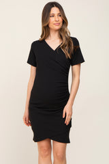 Black Ruched Wrap Tulip Hem Fitted Maternity/Nursing Dress