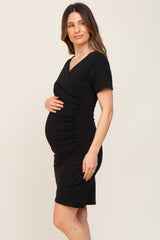 Black Ruched Wrap Tulip Hem Fitted Maternity/Nursing Dress