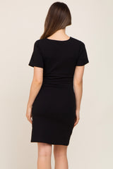 Black Ruched Wrap Tulip Hem Fitted Maternity/Nursing Dress