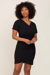 Black Ruched Wrap Tulip Hem Fitted Maternity/Nursing Dress