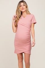 Mauve Ruched Wrap Tulip Hem Fitted Maternity/Nursing Dress