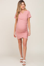 Mauve Ruched Wrap Tulip Hem Fitted Maternity/Nursing Dress