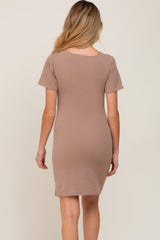 Taupe Ruched Wrap Tulip Hem Fitted Maternity/Nursing Dress