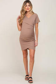 Taupe Ruched Wrap Tulip Hem Fitted Maternity/Nursing Dress