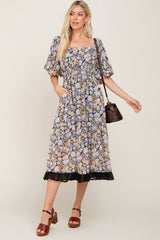 Black Floral Chiffon Ruffle Square Neck Puff Sleeve Maternity Midi Dress