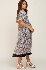 Black Floral Chiffon Ruffle Square Neck Puff Sleeve Maternity Midi Dress