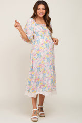 Ivory Floral Chiffon Ruffle Square Neck Puff Sleeve Maternity Midi Dress