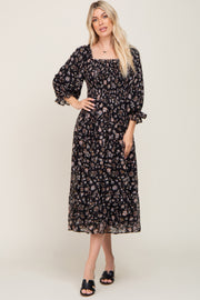 Black Floral 3/4 Sleeve Ruffle Midi Dress