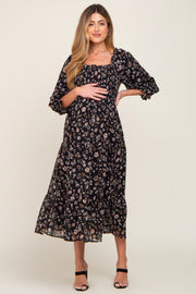 Black Floral 3/4 Sleeve Ruffle Maternity Midi Dress