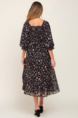 Black Floral 3/4 Sleeve Ruffle Maternity Midi Dress