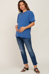 Blue Puff Short Sleeve Maternity Top