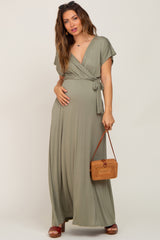 Light Olive Basic Maternity Wrap Maxi Dress