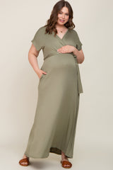 Light Olive Basic Maternity Plus Wrap Maxi Dress