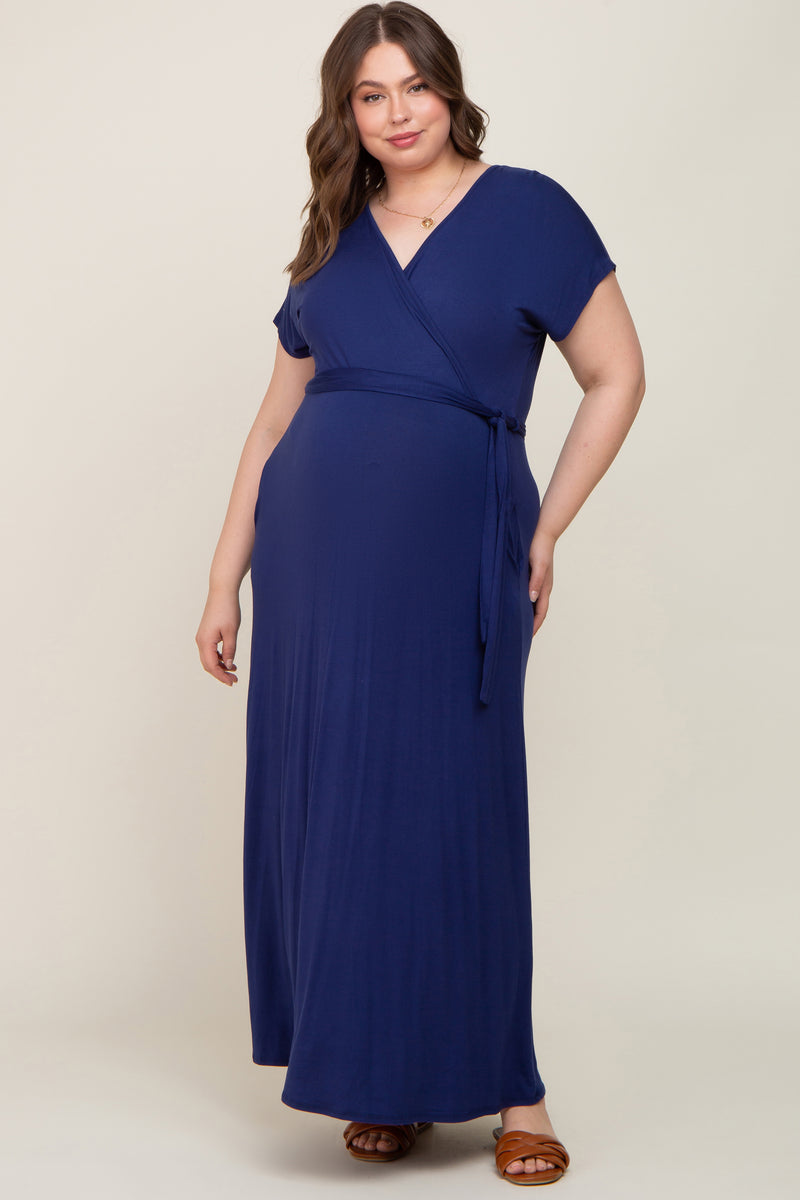 Navy Basic Maternity Plus Wrap Maxi Dress – PinkBlush