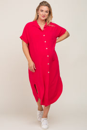 Fuchsia Button Down Hi Low Maternity Plus Maxi Dress