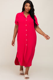 Fuchsia Button Down Hi Low Plus Maxi Dress