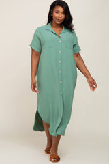 Green Button Down Hi Low Maternity Plus Maxi Dress