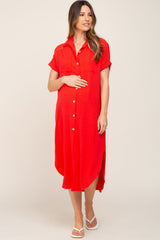 Red Button Down Hi Low Maternity Maxi Dress