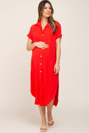 Red Button Down Hi Low Maternity Maxi Dress