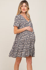 Black Floral Button Front Tiered Short Sleeve Maternity Dress