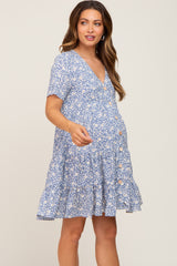 Blue Floral Button Front Tiered Short Sleeve Maternity Dress