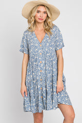 Blue Floral Button Front Tiered Short Sleeve Maternity Dress