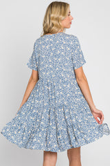 Blue Floral Button Front Tiered Short Sleeve Dress