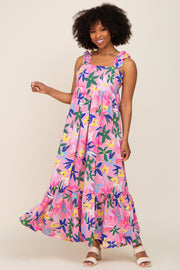 Pink Floral Ruffle Back Tie Maxi Dress