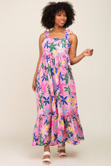 Pink Floral Ruffle Back Tie Maxi Dress