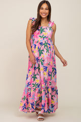 Pink Floral Ruffle Back Tie Maternity Maxi Dress