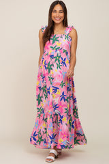 Pink Floral Ruffle Back Tie Maternity Maxi Dress