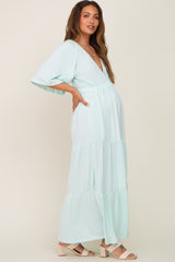 Mint Green Deep V-Neck Tiered Maternity Maxi Dress