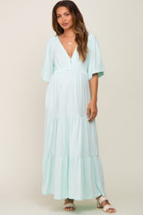 Mint Green Deep V-Neck Tiered Maternity Maxi Dress