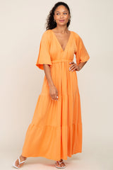 Orange Deep V-Neck Tiered Maxi Dress