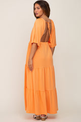 Orange Deep V-Neck Tiered Maternity Maxi Dress