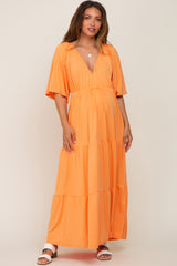 Orange Deep V-Neck Tiered Maternity Maxi Dress