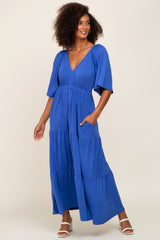 Royal Blue Deep V-Neck Tiered Maxi Dress