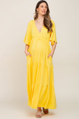 Yellow Deep V-Neck Tiered Maternity Maxi Dress