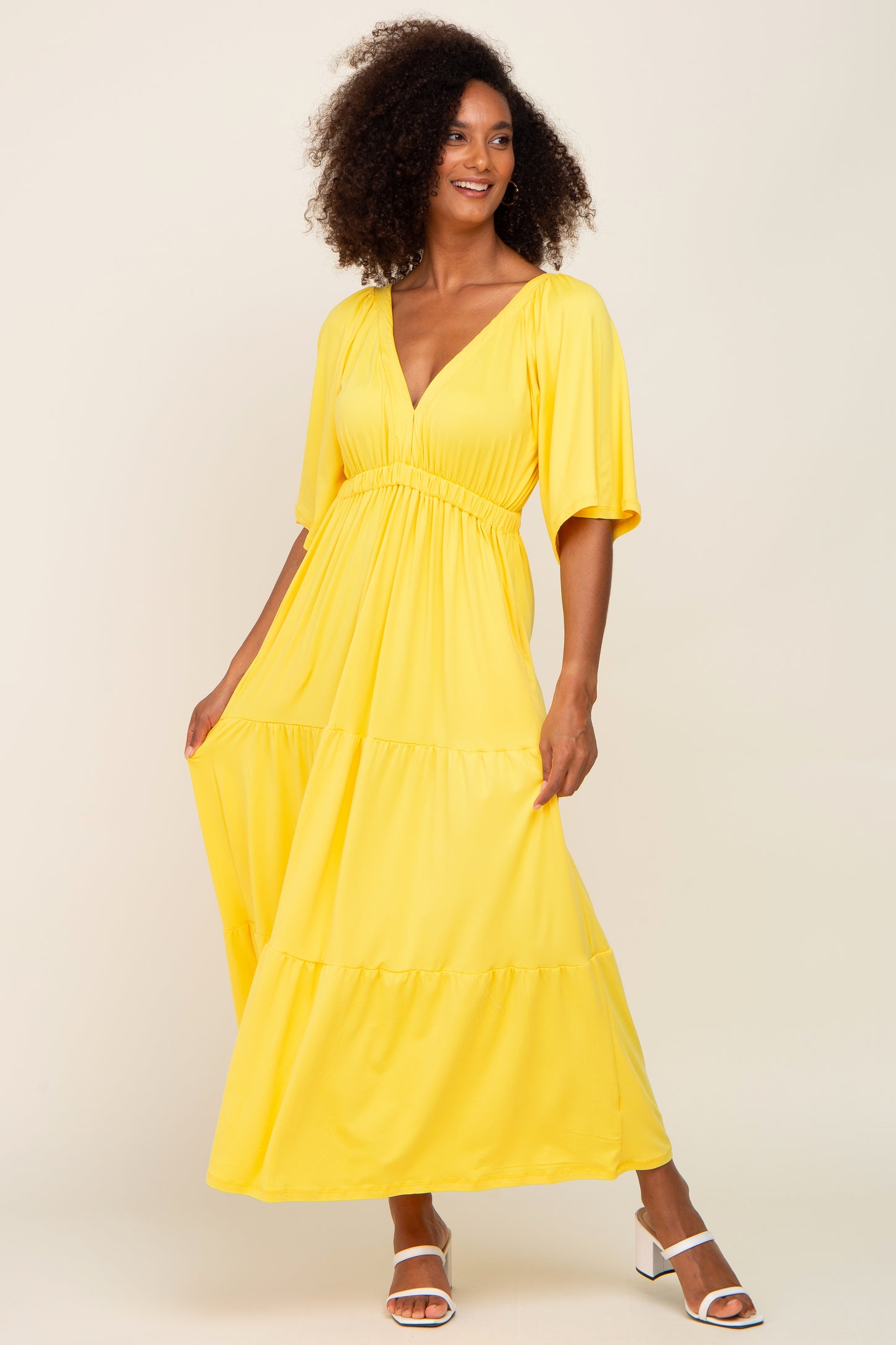 Yellow Deep V-Neck Tiered Maxi Dress – PinkBlush