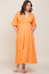 Orange Deep V-Neck Tiered Maternity Plus Maxi Dress