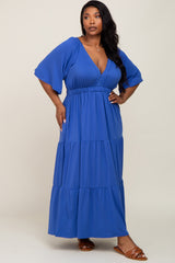 Royal Blue Deep V-Neck Tiered Maternity Plus Maxi Dress