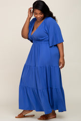 Royal Blue Deep V-Neck Tiered Plus Maxi Dress