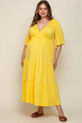 Yellow Deep V-Neck Tiered Maternity Plus Maxi Dress